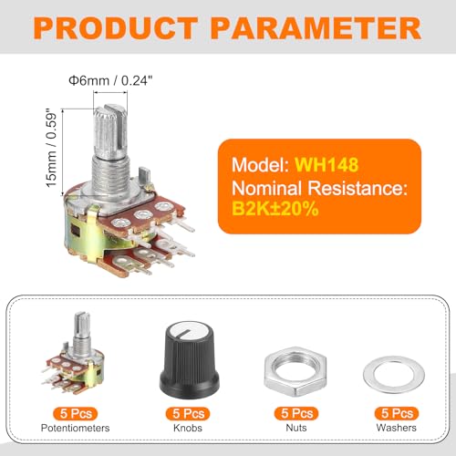 MECCANIXITY 5Set WH148 B2K Ohm Potentiometer Kit, 6-Pin 15mm Shaft White - color: Black/White, style: B2K