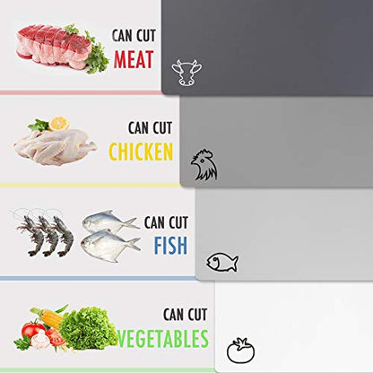 Fotouzy Flexible Plastic Cutting Board Mats with Food Icons, BPA-Free, Non-Porous, 100% Non-slip Back and Dishwasher Safe, Unique Modern Neutral Colors, Set of 4 - color: 4 Gray