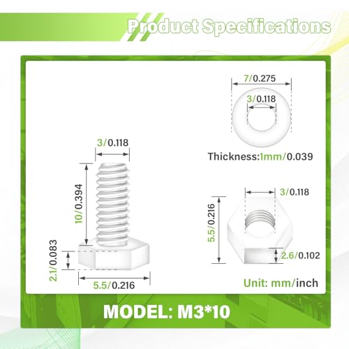 300 Pieces/100 Sets 10mm M3x10 mm Nylon White Screw Nut Washer Kit - size: M3*10 mm, style: White Hex Head Screws