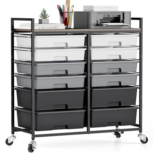 TOOLF 12 Drawers Rolling Storage Cart with Wooden Top for Classroom,Grey - color: Grey