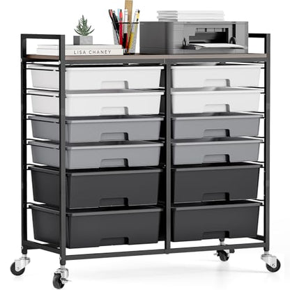 TOOLF 12 Drawers Rolling Storage Cart with Wooden Top for Classroom,Grey - color: Grey