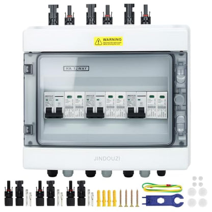 JINDOUZI 3 in 3 Out PV Combiner Box,500V Solar Combiner Box with DC 20A Circuit Breaker and Surge Protector,IP65 Solar Disconnect Switch Box for Indoor Outdoor Solar Panel System - size: 3 In 3 Out 20A 500V