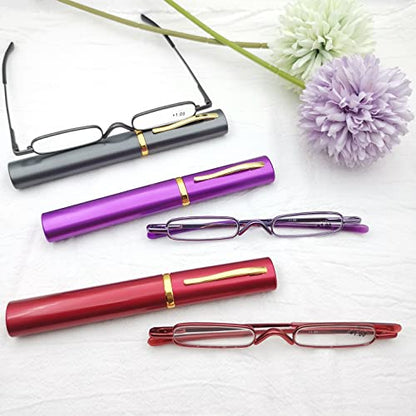 Mini Slim Pen Reading Glasses, Gunmetal+Red+Purple, 2.00 - color: Gunmetal+red+purple