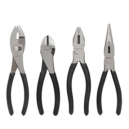 Amazon Basics Pliers Set, Hand Tools for Precision, Cutting Wire Cutter with Needle Nose and Diagonal, Quality Tool Set for Home Maintenance, Set of 4, Black and Silver