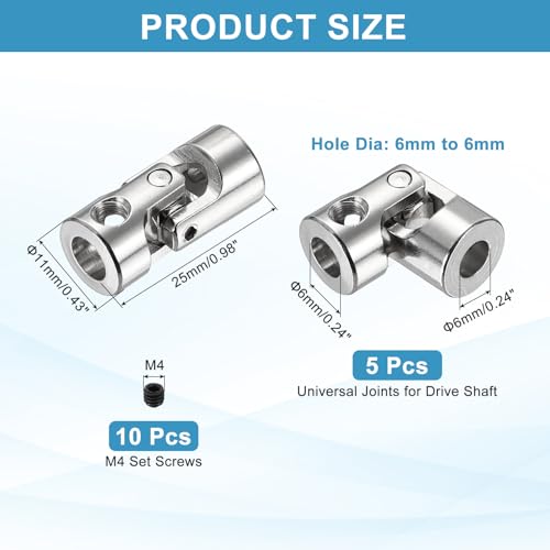 MECCANIXITY 5pcs Universal Joint Shaft Coupling, 6mm to 6mm Inner Dia Rotatable Steering Shaft U Joints Coupler with Screws for RC Car, Robot, Boat Drive Ship Motor Use - size: 6mm to 6mm