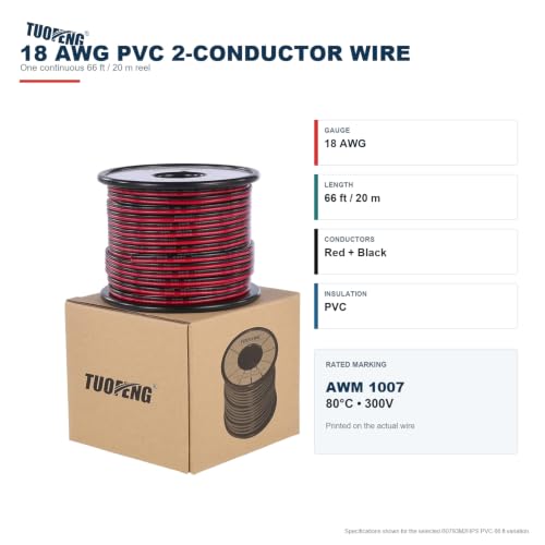 TUOFENG 18 AWG 2-Conductor Tinned Copper PVC Wire, Red/Black, 66 ft - size: 18 AWG PVC 2-Conductor Wire 66ft