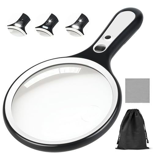 Magnifying Glass with Light for Reading: 5.31” Large Handheld Magnifier Lighted Glasses with 6 LED for Page Book, Small Prints, Coins, Jewelry, Best Lens Gifts for Seniors, Low Vision Elderly