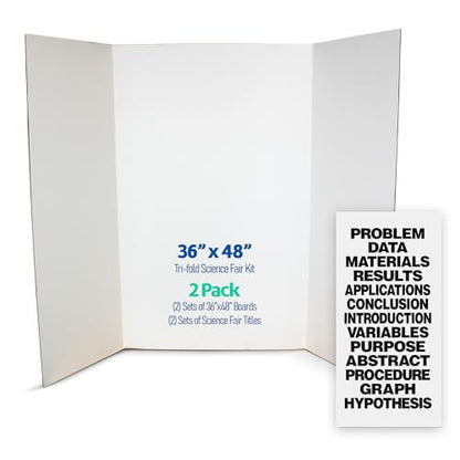 Flipside Products Science Fair Project Board Kit – 36" x 48" White Trifold Boards with Black Science Fair Title Letters – Ready-to-Use Project Display Boards - 2 Pack