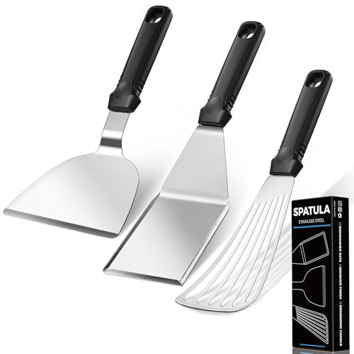 18/0 Stainless Steel Spatulas & 18/8 SS Fish Spatula, Silicone Non-slip Handle, Brushed Metal Spatula Set for Kitchen Use Cast Iron Skillet, BBQ Frying Griddle, Pack of 3 - size: Grilling & Fish Spatulas Set