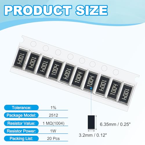 PATIKIL 2512 Surface Mount Device Chip Resistor Kit, 20Pcs 1M Ohm 1% Tolerance 1W DIY Resistor Ceramic Resistance Assortment Kits for Electronic Products - style: 1M Ohm