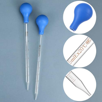 QWORK 8 Pack Glass Droppers with Rubber Bulb (5ml & 10ml) + Cleaning Brushes – Reusable Graduated Pipettes for Essential Oils, Lab, DIY & Crafts