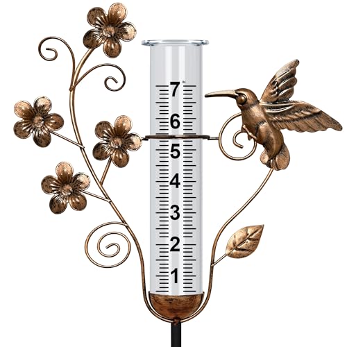 Rain Gauge Outdoor - 35" Large Hummingbird Decorative Rain Gauges Feezeproof, Metal Flower Water Gauge for Rain for Garden Yard Decor - color: bronze-hummingbird