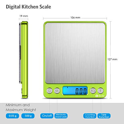 AMIR Digital Kitchen Scale, 500g-0.01g Mini Pocket Jewelry Scale, Cooking Food Scale with Backlit LCD Display, 2 Trays, 6 Units, Auto Off, Tare, Stainless Steel (Battery Included) - color: Green