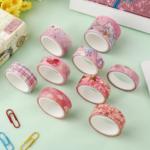 9 Rolls Gold Floral Washi Tape Set,Gold Foil Pink Floral Pattern Decorative Tape,Butterfly Star Decorative Masking Tapes for DIY Scrapbook Design Journaling Handbook Making Card Wrap Craft Gift - style: Pink flowers