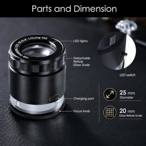 10X Rechargeable Jewelers Loupe Magnifier with LED Lights and 3 Reticle Scales, 25 mm Field of View, Adjustable Focus LED Scale Loupe Jewelry Magnifying Glass for Gems, Coins, Watch, Stamps, Plants - color: 3 Glass Reticle Scale