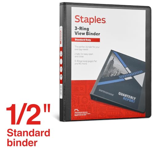 Staples 1/2" 3-Ring View Binder, D-Ring, Black, 4/Pack - color: Black, size: 0.5-Inch, style: 4 Pack