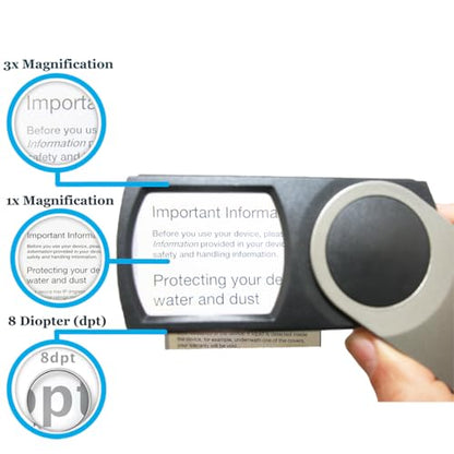 EasY Magnifier Premium Pocket Magnifying Glass with LED Light 3.0X (300%); Small Hand Held Lighted Magnify Glasses for Reading Tiny Print, Menu, Pill Bottles; Visually Impaired A Low Vision Aid