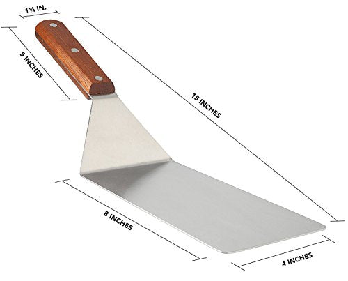 8” Extra-Large Sturdy Stainless Steel Spatula Hamburger Turner with Strong Wooden Handle – Professional Commercial Food Flipper Scraper for Grilling Cooking, Baking for Your Flat Top Restaurants - size: 4" x 8"