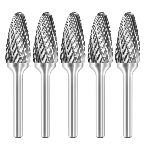 SF-5 Tungsten Carbide Burr Rotary File Tree Shape Radius End Shape Double Cut for Die Grinder Drill Bits 1/4'' Inch Shank Diameter and 1/2'' Diameter of Cutter 1'' Inch Cutter Length - 5Pcs - style: 5pcs SF-5