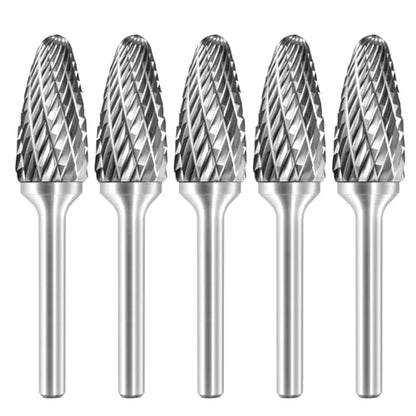 SF-5 Tungsten Carbide Burr Rotary File Tree Shape Radius End Shape Double Cut for Die Grinder Drill Bits 1/4'' Inch Shank Diameter and 1/2'' Diameter of Cutter 1'' Inch Cutter Length - 5Pcs - style: 5pcs SF-5