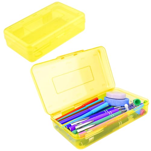 Pencil Box, Clear Pencil Case, Large Capacity Plastic Hard Pencils Case Crayon Box with Snap-Tight Lid Stackable for Kids Adult Student Pens Pencils School Supplies Storage Office Supplies, Yellow - color: Yellow