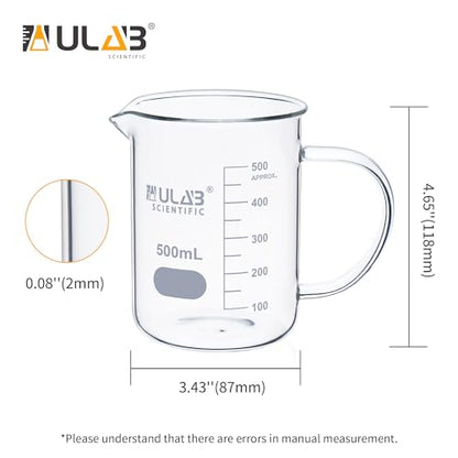 ULAB Glass Beaker with Handle, Vol. 500ml, 3.3 Borosilicate Griffin Low Form with Printed Graduation,Pack of 2,UBG1070