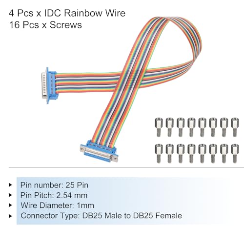 MECCANIXITY 4 Pcs IDC Rainbow Wire Flat Ribbon Cable DB25 Male to DB25 Female 19.7 Inch Length 2.54mm Pitch Breadboard Jumper Wires for Electronic Projects - size: 19.7 Inch, style: DB25 Male to DB25 Female