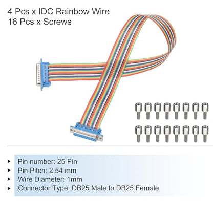 MECCANIXITY 4 Pcs IDC Rainbow Wire Flat Ribbon Cable DB25 Male to DB25 Female 19.7 Inch Length 2.54mm Pitch Breadboard Jumper Wires for Electronic Projects - size: 19.7 Inch, style: DB25 Male to DB25 Female