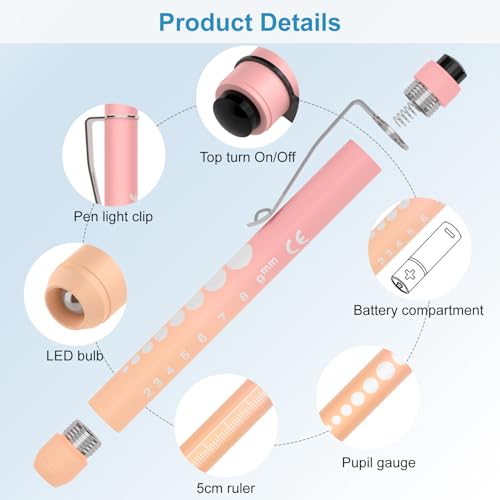 RISEMART 2 Pack Pen Lights for Nurses, Reusable Medical Light with Pupil Gauge and Ruler, White Light LED Penlight for Student Doctors - color: Pink Orange + Blue Green
