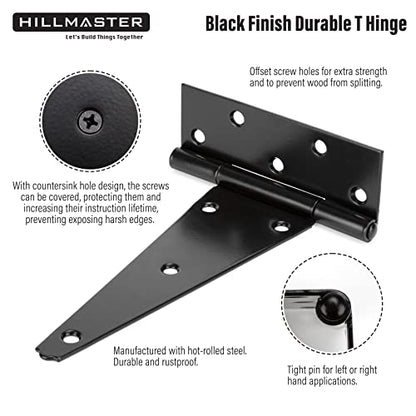 HILLMASTER 8 Inch T-Strap Heavy Duty Shed Door Hinges Gate Strap Hinges Black Tee Hinge Wrought Hardware for Wooden Fences,Yard,Barn Door,Rustproof (2 Pack) - size: 8in 2Pack
