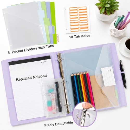 3 Ring Binder with Clipboard,1 Inch Binders with Notepad&5 Dividers with Pockets, Pen Holder, Leather Clipboards for School Office(Purple, Letter Size) - color: Purple, size: 1 Inch