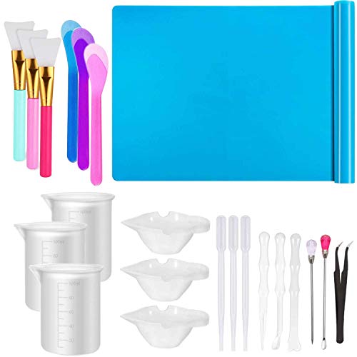 Resin Tools Set 22pcs, A3 Silicone Sheet with 100 ml Measuring Mixing Cups, Brushes Stir Sticks Spoons, Pipette for Epoxy Resin DIY Crafts Painting