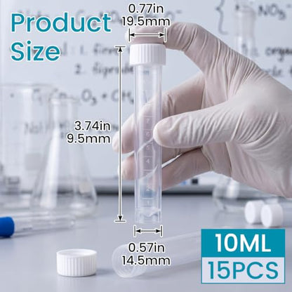 15Pcs 10ml Plastic Test Tubes with Caps, Clear Vials Lab Tubes