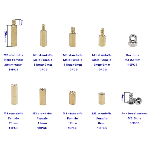 200PCS M3 Brass Male-Female Hex Standoffs Kit w/ 304 SS Screws & Nuts - size: M3