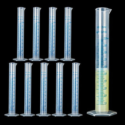 10Pack 100ml Plastic Graduated Cylinder, Transparent Measuring Cylinder Lab Test Tube Flask, 2 Sided Measuring Lines Graduated Cylinder Beaker for Science Lab Project, Pour Spout & Hexagonal Base
