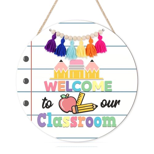 HLNIUC Welcome Wooden Sign(11”x11”) Welcome to Our Classroom Hanging Plaque, Boho Front Door Signs, Pencil Ruler Apple Wall Decor, Colorful Classroom Door Hanger with Beads Tassels for School Nursery - color: Welcome