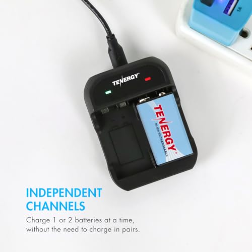 Tenergy 9V Battery Rechargeable 250mAh 4 Pack NiMH Square Battery with 2 Bay 9V Battery Charger for Smoke Alarm/Detector - size: Charger + 4 Pack 9Vs