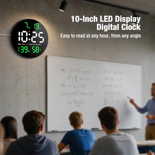 10 Inch Large Digital Wall Clock, LED Round Electric Clocks with Dual Timers (Count Up/Down), 12/24hr Mode, Date, Temperature, Remote Control for Classroom, Home Office, Bedroom (Green) - color: Green