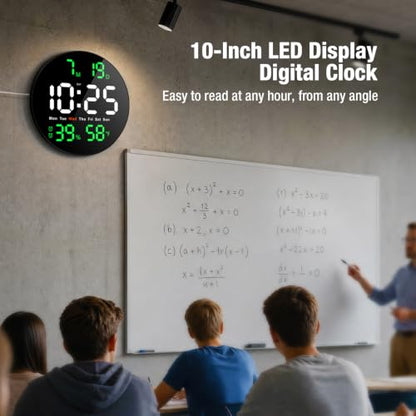 10 Inch Large Digital Wall Clock, LED Round Electric Clocks with Dual Timers (Count Up/Down), 12/24hr Mode, Date, Temperature, Remote Control for Classroom, Home Office, Bedroom (Green) - color: Green