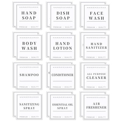 24 PCS White Waterproof Labels for Bottles, Shampoo and Conditioner Dispenser Label Stickers, Bathroom Hand Soap Label Stickers,Removable Cleaning Labels for Glass/Plastic Spray Bottle