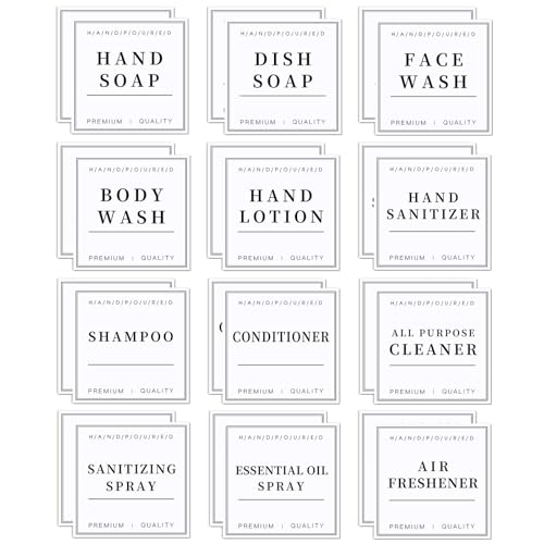 24 PCS White Waterproof Labels for Bottles, Shampoo and Conditioner Dispenser Label Stickers, Bathroom Hand Soap Label Stickers,Removable Cleaning Labels for Glass/Plastic Spray Bottle