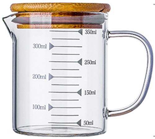 Graduated Beaker Mug with Handle and Durable Bamboo Lid Borosilicate Glass Multi-Function Food Grade Measuring Cup 350ML