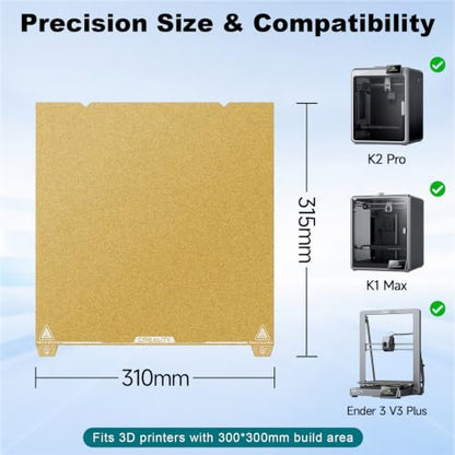 Creality Official K1 Max Build Plate PEI Sheet Golden, 315x310mm Textured Flexible Spring Surface Excellent Heat Resistance Heated for Ender 3 S1 Plus/K1 Max/Ender 3 V3 Plus(Without Magnetic Base) - color: PEI Frosted Gold-A, size: K1 Max/Ender 3 V3 Plus/