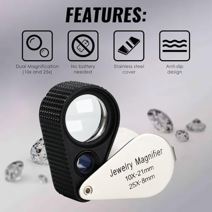 Dual Lens Jewelers Loupe Magnifier, 10X & 25X Pocket Foldable Jewelry Magnifier with 21mm and 8mm Optical Glass, Stainless Steel Body, Dual Lens Loupe for Jewelry, Gems, Coins, Stamps, Watch, etc