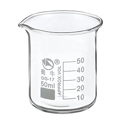 PATIKIL 50ml Low Form Glass Beaker, 3.3 Borosilicate Glass Graduated Printed Scale Measuring Cups with Spout for Kitchen Lab Liquids Transit Boiling - size: 50ml