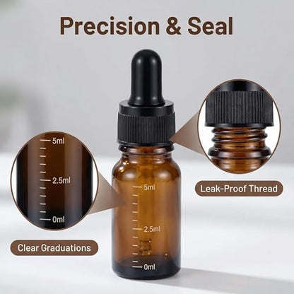 ericotry 3 Pcs 5ml 0.17oz Empty Refillable Amber Glass Graduated Dropper Bottle Essential Oil Cosmetics Elite Fluid Container Jar Pot Holder with Glass Pipette Dropper - size: 5 ml