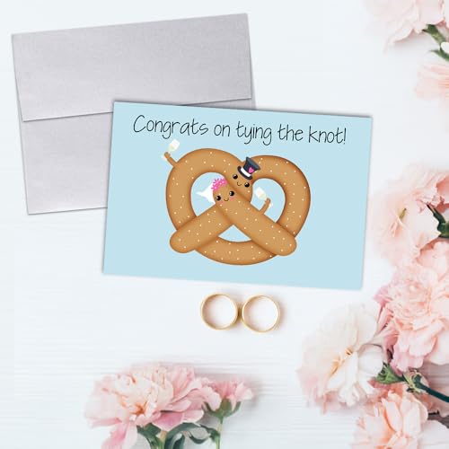 Amanda Creation Funny Wedding Card for Bride and Groom, 4x6 Blank Inside with Silver Envelope, Pretzel Newlywed Congratulations Greeting - style: Pretzel