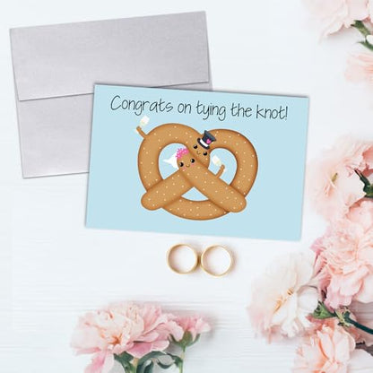 Amanda Creation Funny Wedding Card for Bride and Groom, 4x6 Blank Inside with Silver Envelope, Pretzel Newlywed Congratulations Greeting - style: Pretzel