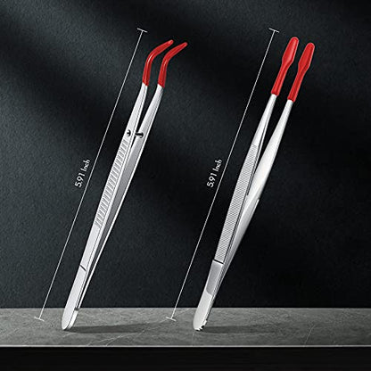Honoson 2pcs Tweezers with Rubber Tips Set Bent and Straight, Silver, Red - color: Silver, Red