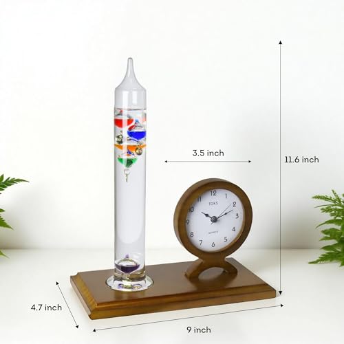 Lily's Home Galileo Thermometer with Clock-5 Spheres, 64ºF-80ºF Range–Clock with Quiet Movement - Elegant 2-in-1 Design-Ideal Gift for Home/Living Room Decor-Galileo Thermometer Indoor(9 inx11.6 in) - style: Clock with Quiet Movement